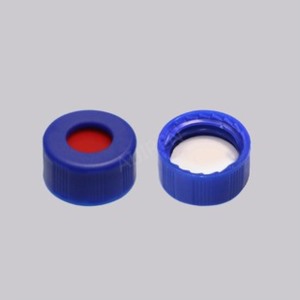 White PTFE/Red Silicone Septa, 9mm Blue Short Screw PP Cap,6mm Centre Hole, Open-top